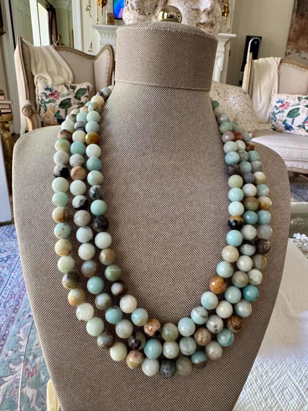 Natural Multi-Strand Amazonite AAA 14mm Bead Necklace in Mint and Earth Tones